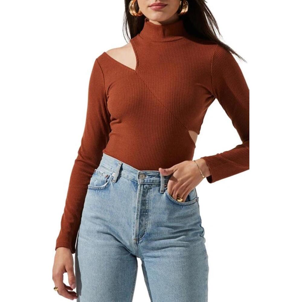ASTR The Label Rust Cut Out Mock Neck Ribbed Bodysuit Size Small